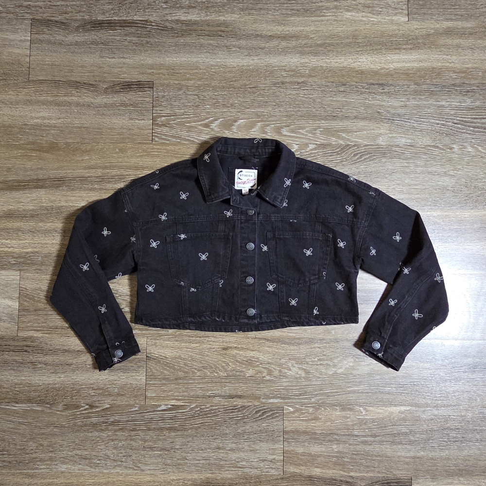 Black Cropped Denim Jacket with Embroidered Details
